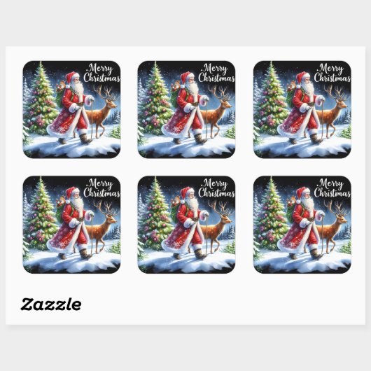 雪の森の中のサンタとトナカイ スクエアシール (シート)