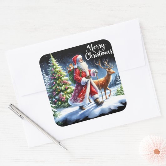 雪の森の中のサンタとトナカイ スクエアシール (封筒)