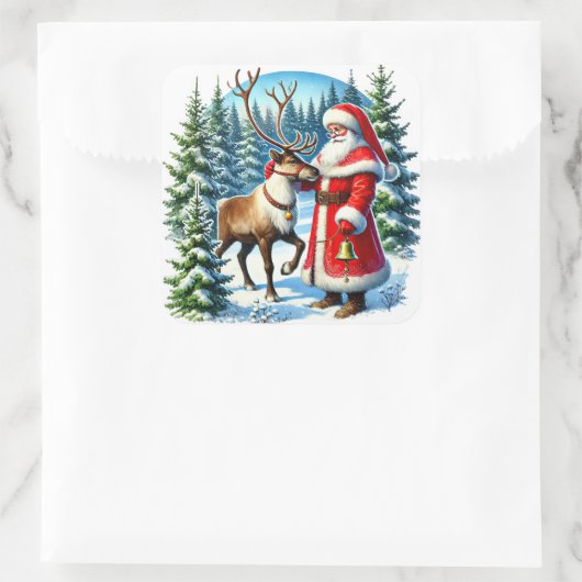 雪の森の中のサンタクロースとトナカイ スクエアシール (バッグ)