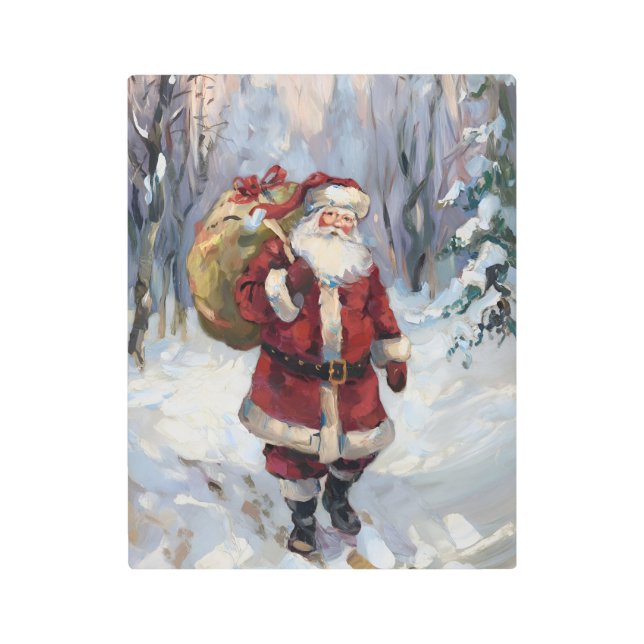 雪の森の中のサンタ メタルプリント (正面)