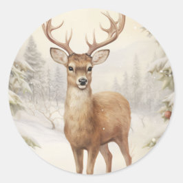 雪の森の中のメリークリスマスのトナカイ ラウンドシール