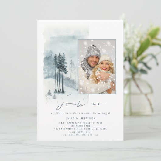 雪の森の写真に参加QRコード冬の結婚式 招待状 (スタンド正面)