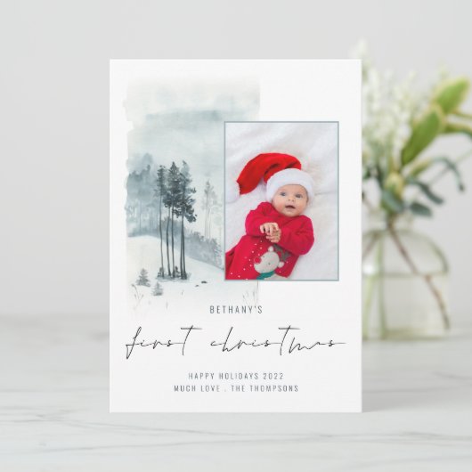 雪の森の写真 赤ちゃんの初めてのクリスマス ホリデーカード (スタンド正面)