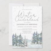 雪の森の冬のオネダーランド男の子1歳の誕生日 招待状 (正面)