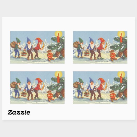 雪の森の冬の小人、ビンテージクリスマス 長方形シール (シート)