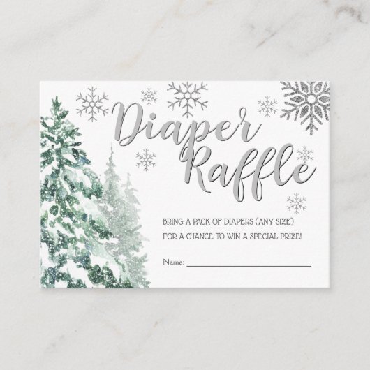 雪の森の冬の赤ちゃんシャワーおむつラッフル エンクロージャーカード (正面)