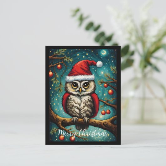 雪の森の夜かわいいフクロウのメリークリスマス シーズンポストカード (スタンド正面)