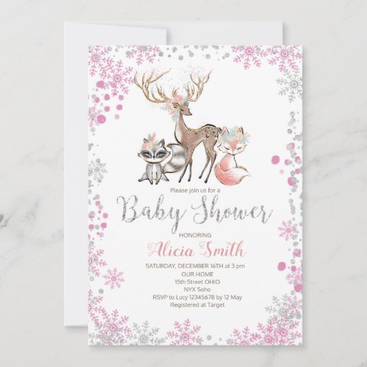 雪の森の女の子の赤ちゃんシャワーの招待 招待状 (正面)