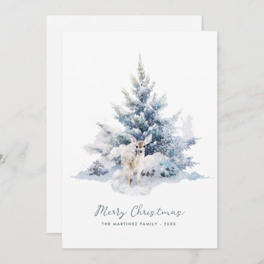 雪の森の松の鹿メリークリスマスフラット シーズンカード (正面/裏面)