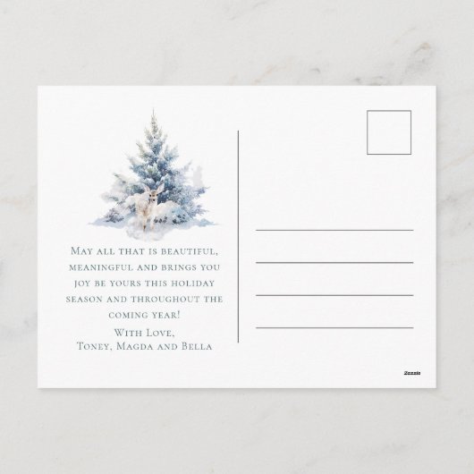 雪の森の松の鹿メリークリスマス シーズンポストカード (裏面)