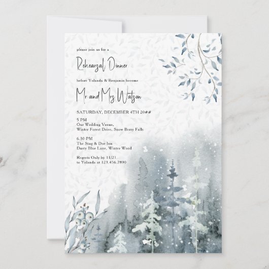 雪の森の水の色の冬のウェディングリハーサル 招待状 (正面)