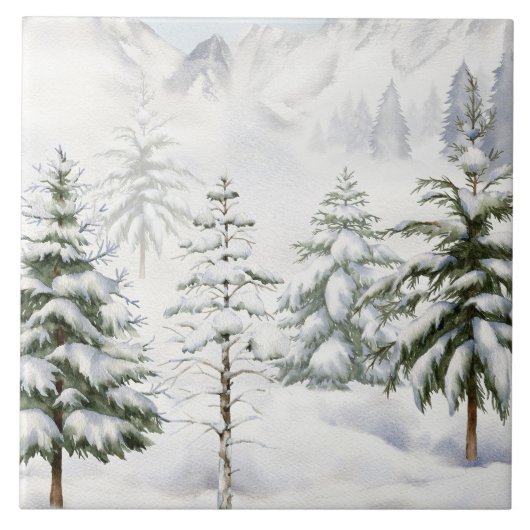 雪の森の水彩画の冬のキャビン タイル (正面)