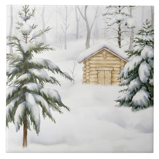 雪の森の水彩画の冬のキャビン タイル (正面)