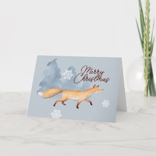 雪の森の狐 クリスマス 水彩画 青 シーズンカード (正面)