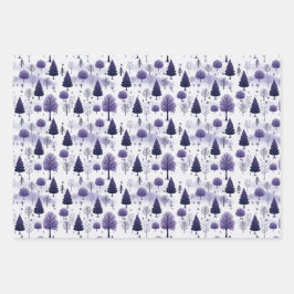 雪の森の紫のクリスマス ラッピングペーパーシート