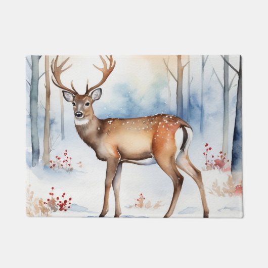 雪の森の鹿クリスマスツリーの水色 ドアマット (正面)