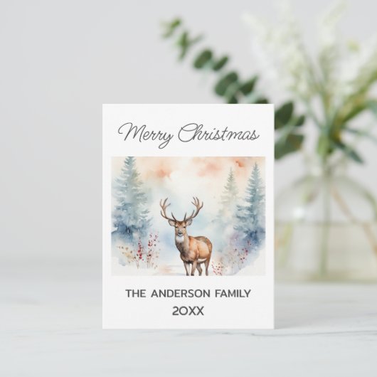 雪の森の鹿クリスマスツリーの水色 ポストカード (スタンド正面)