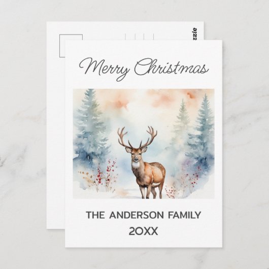雪の森の鹿クリスマスツリーの水色 ポストカード (正面/裏面)