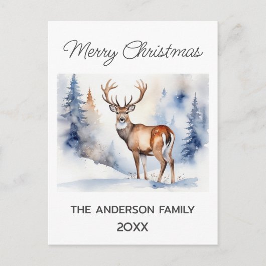 雪の森の鹿クリスマスツリーの水色 ポストカード (正面)