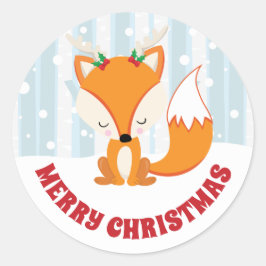 雪の森の〔雄ジカの〕枝角で可愛いキツネ ラウンドシール