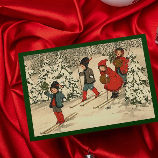 雪の森をスキーする子供たちのヴィンテージイラスト シーズンカード