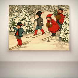 雪の森をスキーする子供たちのヴィンテージイラスト ポスター