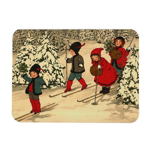 雪の森をスキーする子供たちのヴィンテージイラスト  マグネット (横)