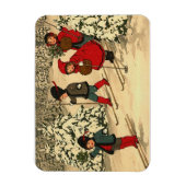 雪の森をスキーする子供たちのヴィンテージイラスト  マグネット (縦)