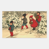 雪の森をスキーする子供たちのヴィンテージイラスト  長方形シール (正面)