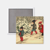 雪の森をスキーする子供たちのヴィンテージ風景 マグネット (正面/裏面)