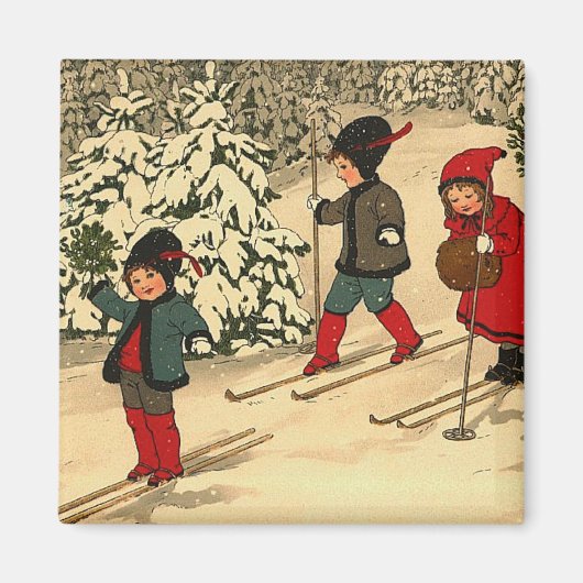 雪の森をスキーする子供たちのヴィンテージ風景 マグネット (正面)