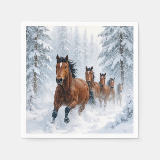 雪の森を駆ける野生の馬 スタンダードカクテルナプキン (正面)
