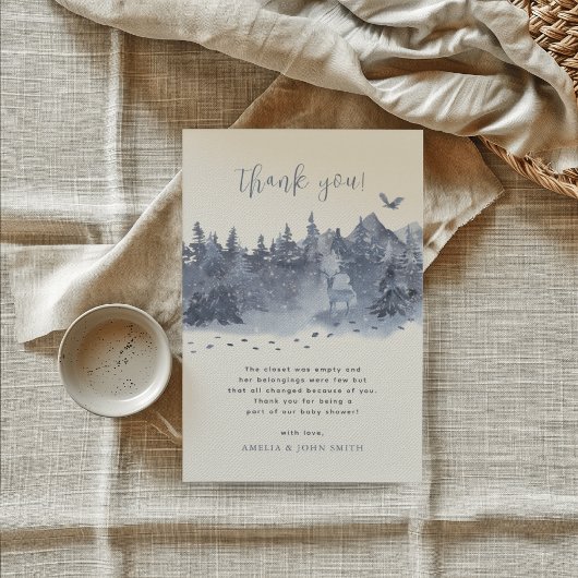 雪の森ブルーグレーベビー外は寒い サンキューカード