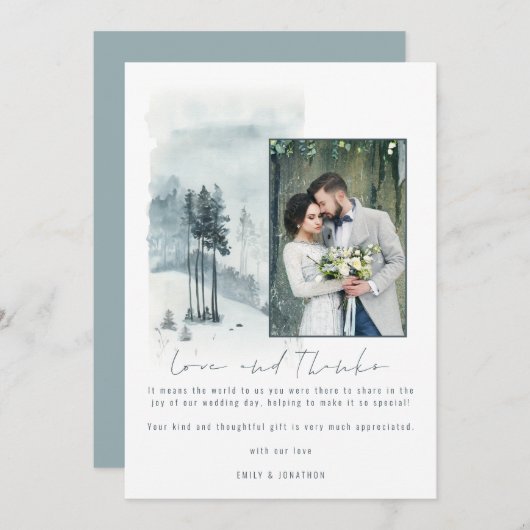 雪の森結婚の写真の愛と感謝してい サンキューカード (正面/裏面)
