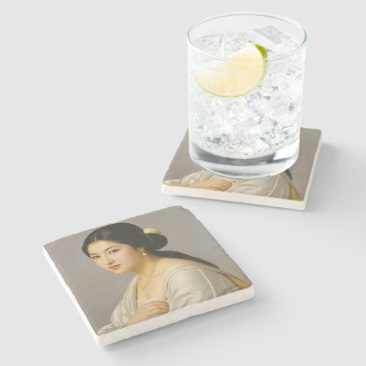 "雪の森" 美術 女性の肖像 ストーンコースター (横)