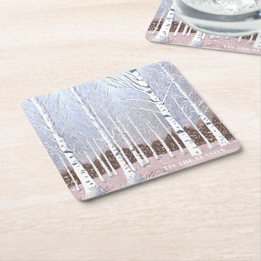 雪の樺の木ツリーのクリスマスダスティブルーID1003 スクエアペーパーコースター (アングル)