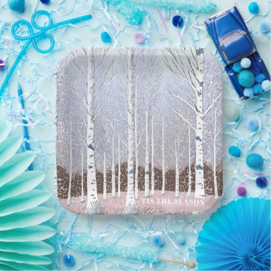 雪の樺の木ツリーのクリスマスダスティブルーID1003 ペーパープレート (パーティー)
