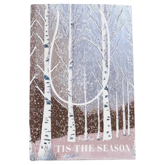 雪の樺の木ツリーのクリスマスダスティブルーID1003 ミディアムペーパーバッグ (正面)