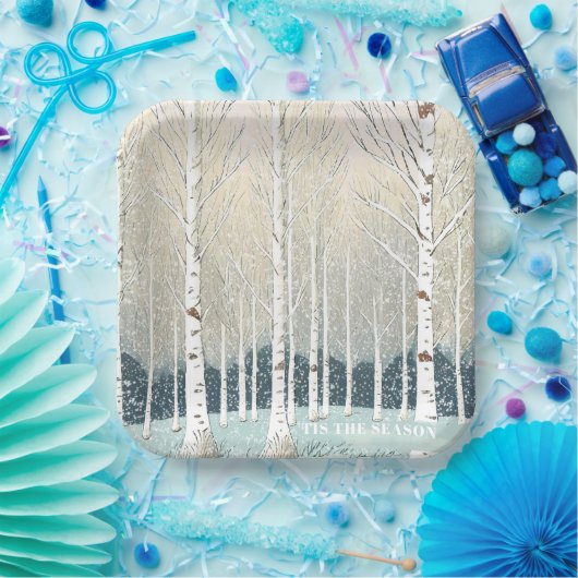 雪の樺の木ツリーズクリスマスティール（緑がかった色）ID1003 ペーパープレート (パーティー)