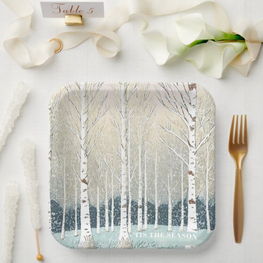 雪の樺の木ツリーズクリスマスティール（緑がかった色）ID1003 ペーパープレート (ウェディング)