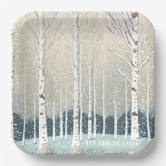 雪の樺の木ツリーズクリスマスティール（緑がかった色）ID1003 ペーパープレート (正面)