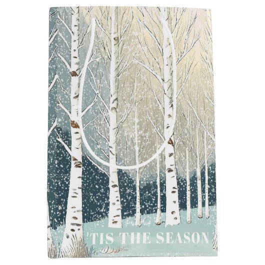 雪の樺の木ツリーズクリスマスティール（緑がかった色）ID1003 ミディアムペーパーバッグ (正面)