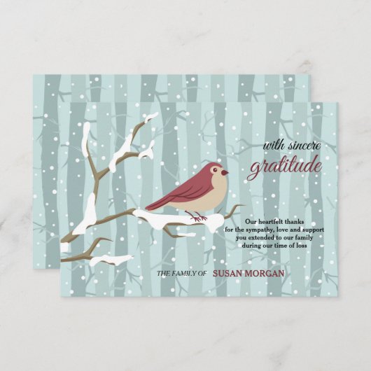 雪の死別のサンキューカードの鳥 サンキューカード (正面/裏面)