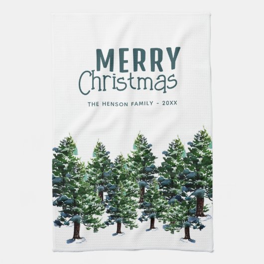 雪の水の色のクリスマスパイン絵画ツリー キッチンタオル (縦)