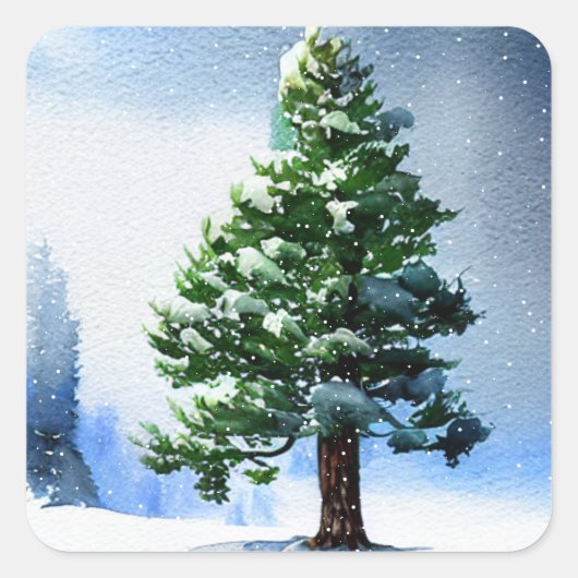 雪の水の色のクリスマスパイン絵画ツリー スクエアシール (正面)