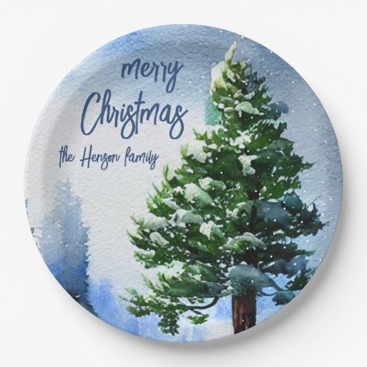 雪の水の色のクリスマスパイン絵画ツリー ペーパープレート (正面)
