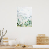 雪の水彩ポスターで覆われた松の森 ポスター (キッチン)