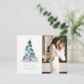 雪の水彩画の松のクリスマスツリーのプレゼントの写真 シーズンポストカード (スタンド正面)