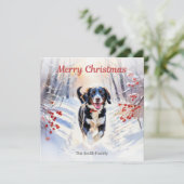 雪の水色のクリスマスに可愛いスプリングドードッグ シーズンカード (スタンド正面)