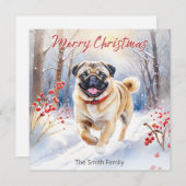 雪の水色の可愛いパグ犬メリークリスマス シーズンカード (正面/裏面)